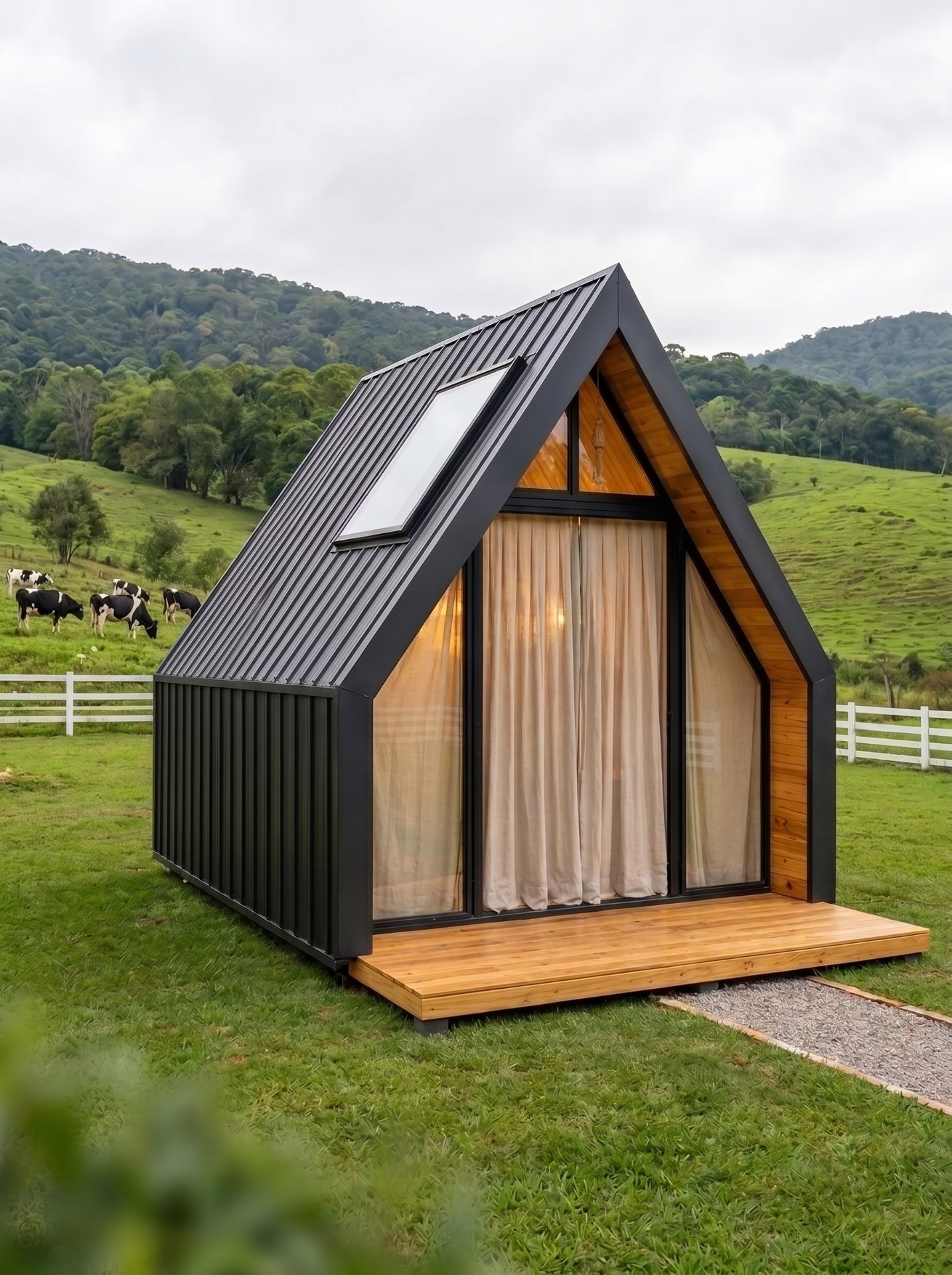 Imagem de divulgação de chalé A-frame com fachada de vidro em um terreno verde