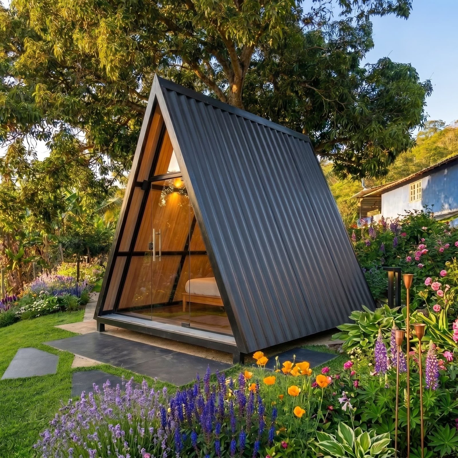 Imagem de divulgação de um chalé A-frame cercado por árvores e jardim